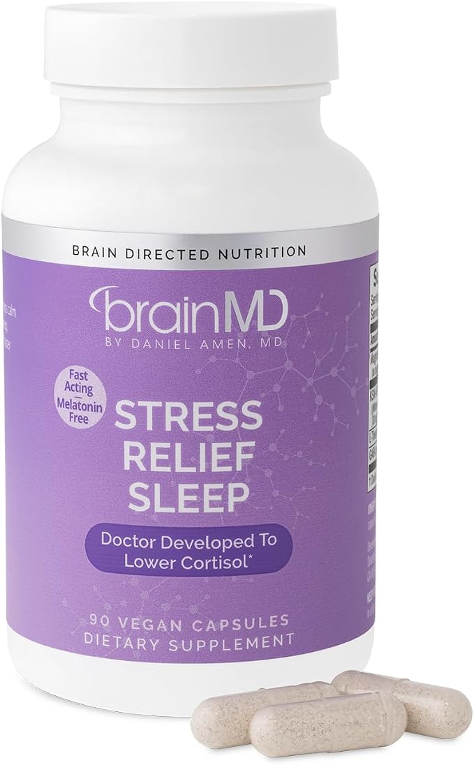 BRAINMD Stress Relief & Sleep Supplement - Natural Calming Formula with GABA & Magnesium - 60 Capsules