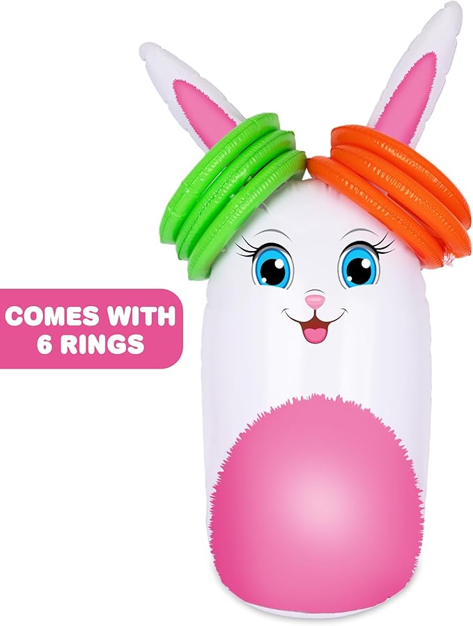 ArtCreativity 34” Easter Games Bunny Inflatable Ring Toss with 6 Rings, Easter Games for Kids - Weighted Bottom to Keep Rabbit Upright - Family Outdoor Easter Party Games for Kids and Adults