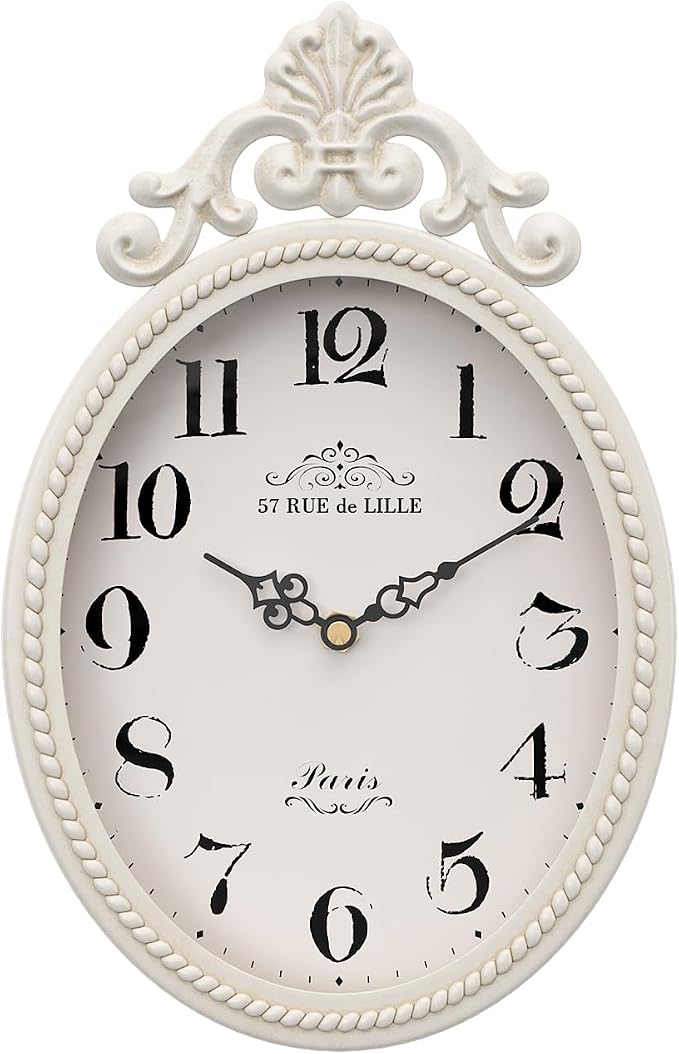 Abdurey Small French Retro Decor Wall Clock, Ivory White Vintage Oval Style | Silent Battery Operated Boho Decorative Wall Clocks for Farmhouse,Kitchen,Bedroom,Bathroom(10.4"H x 6.7"W)