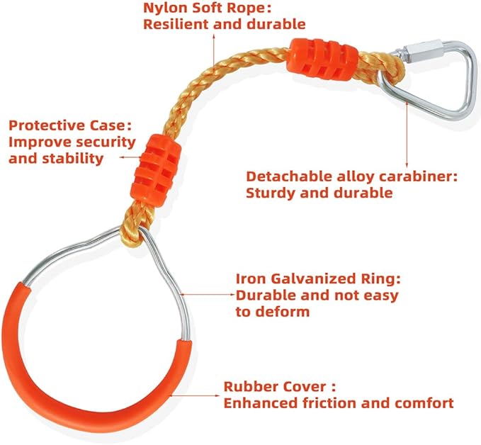 Fitness Gymnastic Ring Swing Monkey Bar Fists Trapeze Obstacle Course For Backyard Outdoor Indoor Jungle Home Gym, 2 Pack Orange Hang Ninja Rope Rings Warrior Accessories Playground Training Equipment