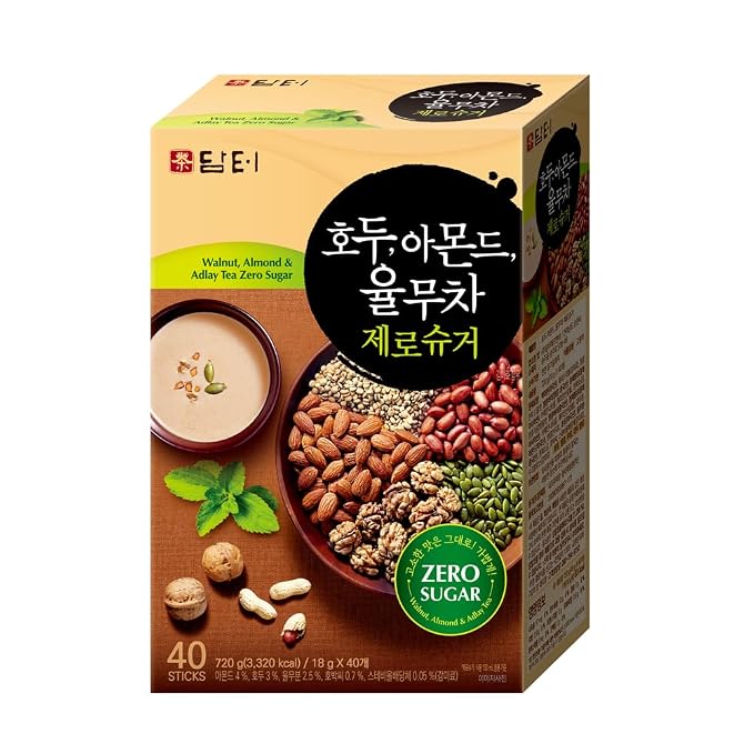 Damtuh Walnut Almond Adlay Tea Zero Sugar Drink Mix – Korean Yulmu Cha (Job’s Tears) Roasted Grain Nut Latte-Style Powder, Sweetened with Stevia, Caffeine-Free, 18g x 40 Sticks