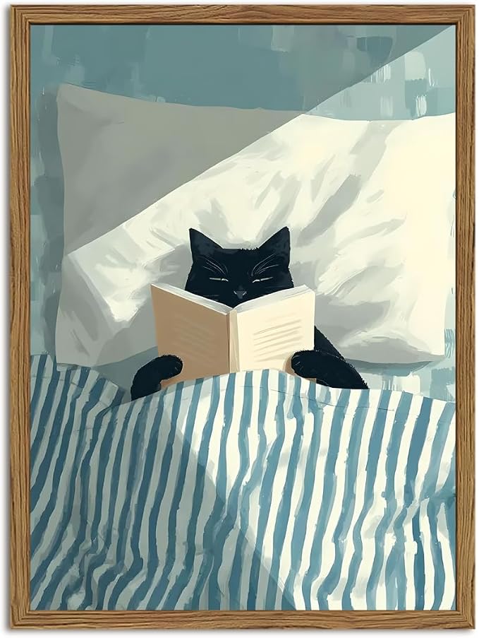 Framed Funny Black Cat Wall Art, Whimsical Cat in Stripe Bed Reading Wall Decor Painting Cute Animal Book Lover Poster Canvas Print for Bedroom Living Room 16x24 inch Wood Framed