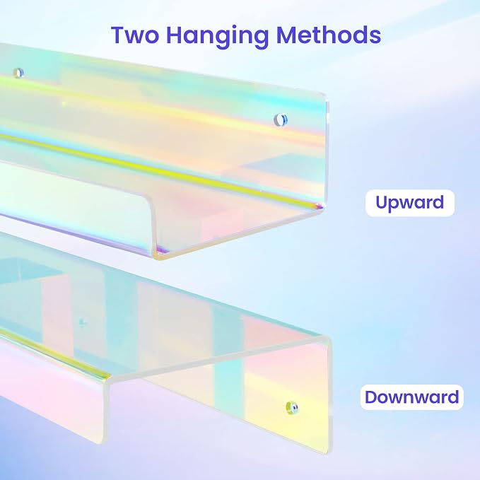 upsimples 2 Pcs 15" Iridescent Acrylic Shelves for Wall Decor and Display | Cute Floating Shelf for Perfume, Skincare, Nail Polish, Wall Organizer for Bedroom, Living Room, Playroom, Room Décor