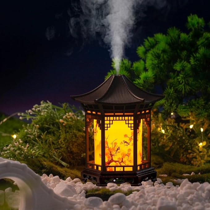 Zen Pavilion Lantern Aroma Diffuser & Night Light,2-in-1 160ml Essential Oil Diffuser with 2 Mist Modes,Zen Garden Humidifier Chinese-Style Decorative Night Light for Yoga, Meditation (Wood Color)