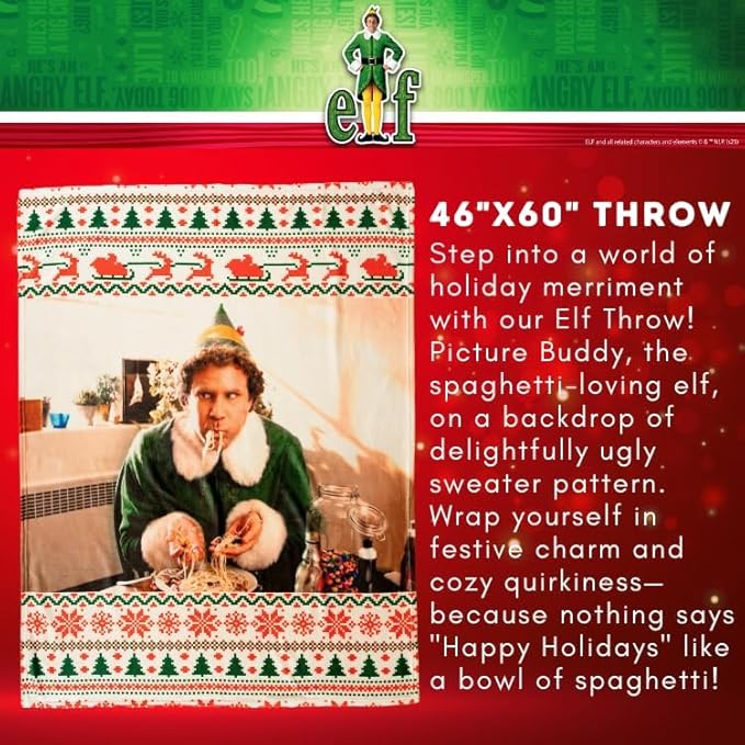 Elf The Movie Buddy Spaghetti Holiday Christmas Bedding Soft Plush Blanket Throw, 46 in x 60 in, (Officially Licensed Product) by Franco