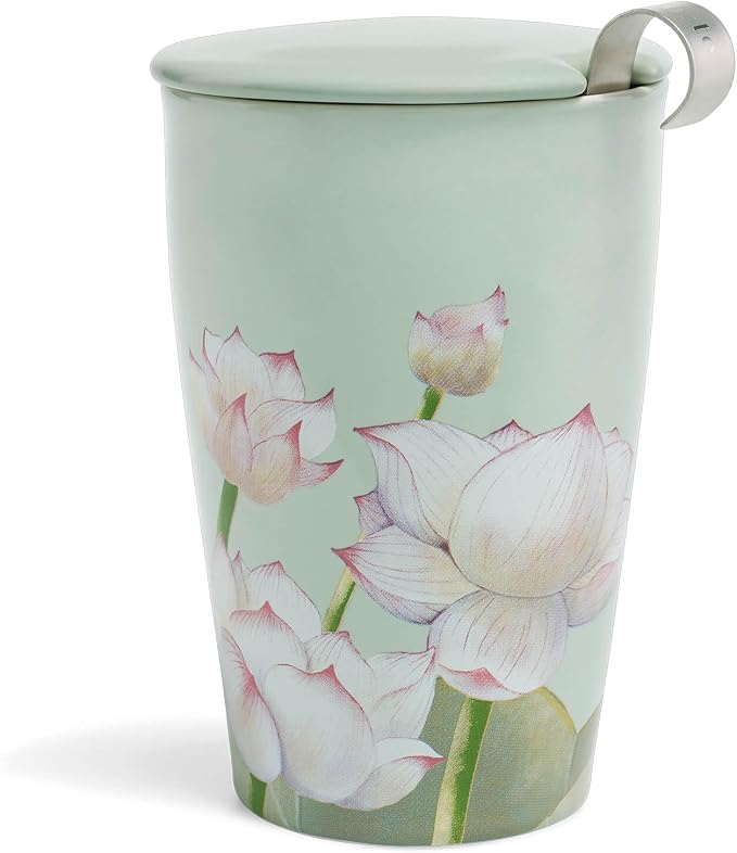 Tea Forte Double-Walled Ceramic Kati Cup, Removable Stainless Steel Infuser Basket and Lid, Steeps 12 oz Loose Leaf Tea, Dishwasher & Microwave Safe, Lotus