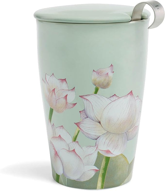 Tea Forte Double-Walled Ceramic Kati Cup, Removable Stainless Steel Infuser Basket and Lid, Steeps 12 oz Loose Leaf Tea, Dishwasher & Microwave Safe, Lotus