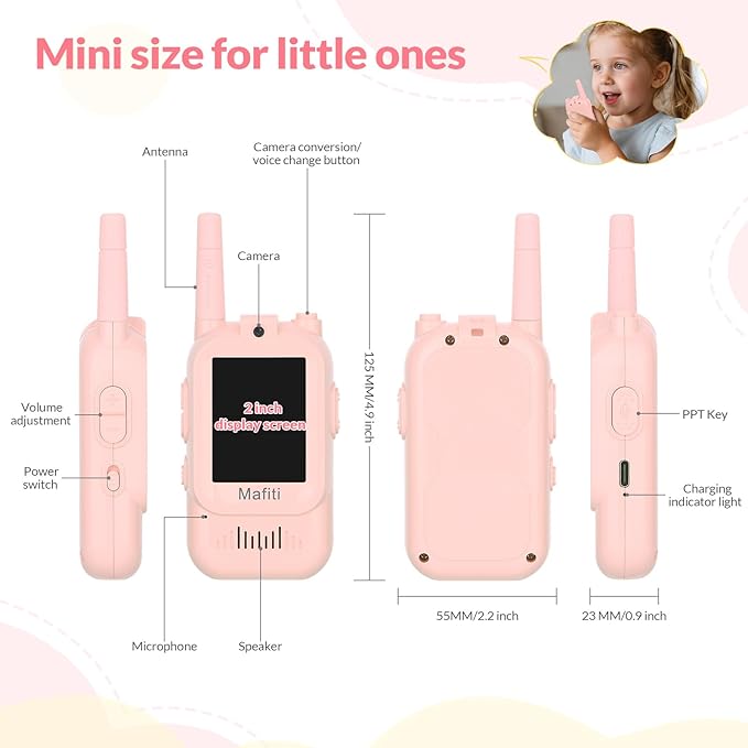Mafiti Video Walkie Talkies for Kids 2 Pack Rechargeable Birthday Gift Toddler Toys for 3 4 5 6 7 8 Year Old Boys Girls 1000 Feets Long Range Indoor Outdoor Play(Pink+Pink)