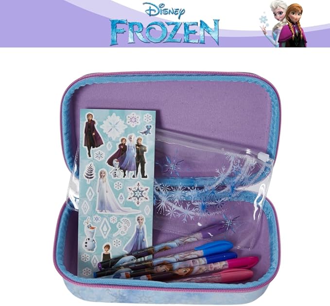 Innovative Designs Frozen Pencil Case Set with Stickers and Gel Pens for Kids, Molded with Zip Closure, Purple