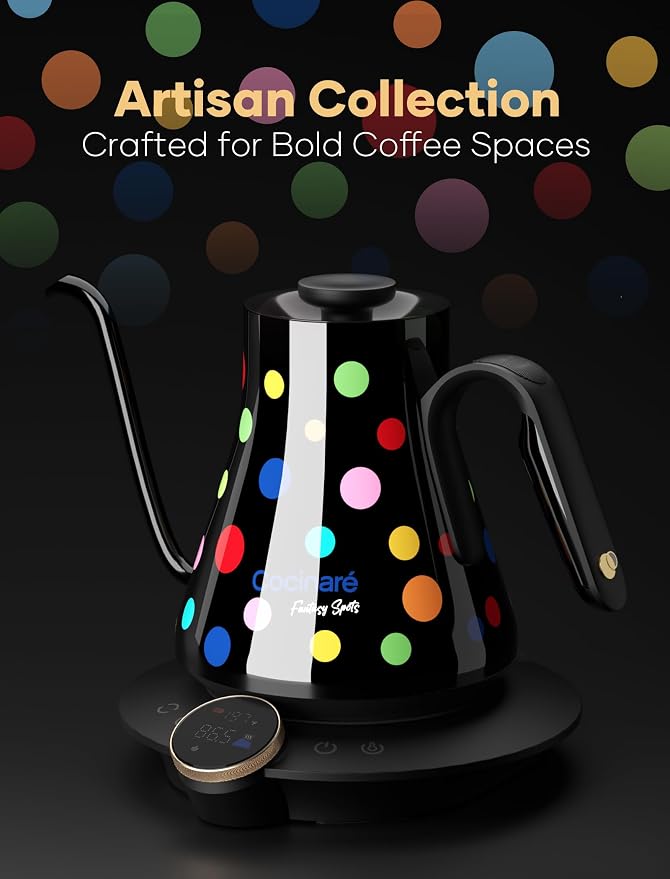 Cocinare Artisan Collection Gooseneck Electric Kettle, ±0.5℉ Precise Temperature Control for Pour-Over Coffee & Tea, Quick Heating 1500W, Stainless Steel Interior, 0.9L (Confetti)