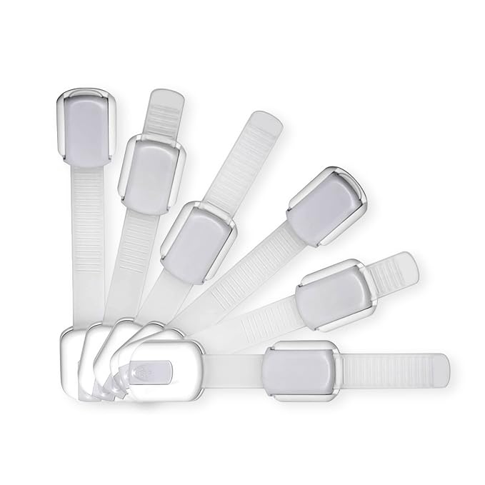 Adjustable & Reusable Child Safety Cabinet Locks & Latches, Baby Proofing Door Window, Cabinet, Toilet, & Refrigerator Lock, Child Safety Strap Locks with Adhesive Pads, Pack of 6, Silver - Wonderkid