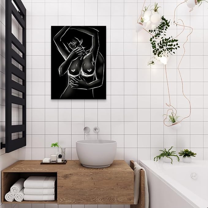 Yeesjoee Wall Art Sexy Couples Modern Picture, Nude Lover Man Kiss Woman Intimate Embrace Canvas Paint, Abstract Black White Prints Artwork Sensual Bedroom Living Room Hotel Bar Decor, 18x24 in Framed