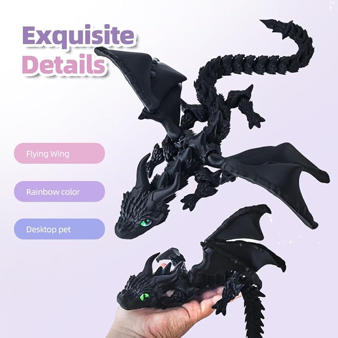 3D Printed Dragon with Wings,3D Printed Animals Toys, Fidget Dragon Toys, Flexible Articulated Winged Crystal Dragon Model,Desktop Pet Deco (Matte-Black)
