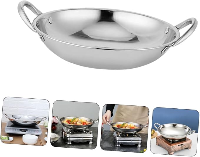Double Handle Round Bottom Hot Pot Stainless Steel Wok Pan Induction Cooktop Skillet Kitchenware Easy to Clean