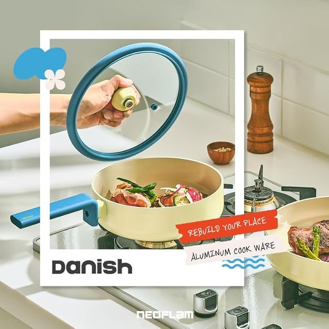 Danish Forged 9.5" Frying Pan with Glass Lid, Kitchen Nonstick Ceramic Coating Tamagoyaki Skillet with Handle, Induction Compatible Cookware, Made in Korea (9.5" / 24cm)