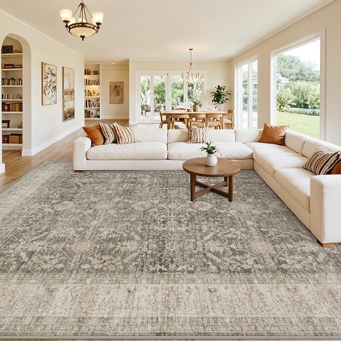 10x12 Area Rug for Living Room: Vintage Boho Neutral Washable Rug Indoor Soft Large Area Rug Carpet for Bedroom Nursery Farmhouse Dining Room Office Floor Non-Slip Low Pile Under Table Rug Warm Taupe