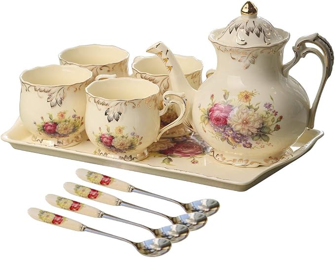 YOLIFE Porcelain Tea Set, Vintage Flowering Shrubs Teapot and Cups Set for Tea Party, Birthday Gifts for Mom Adults Women Wedding