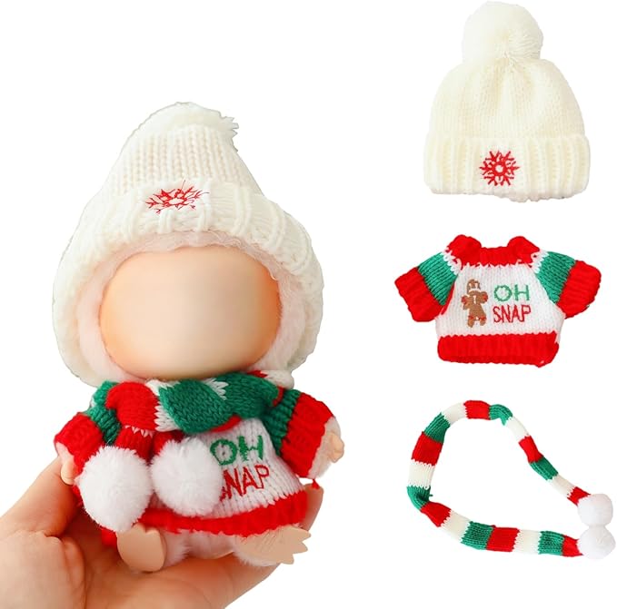 Christmas Hat Clothes for Dolls Accessories, Stylish Kawaii Festive Christmas Sweater Scarf Outfit Set 3 Pieces Suitable for 15cm 17cm Doll , Xmas Doll Clothing Set Replacement