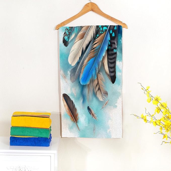 Boho Feather Bohemian Hand Towel Tribal Animal Watercolor Bird Feathers Face Towels Suit Travel Sports Pool Swimming Bath Camping Spa Gym Yoga,15x30 Inch