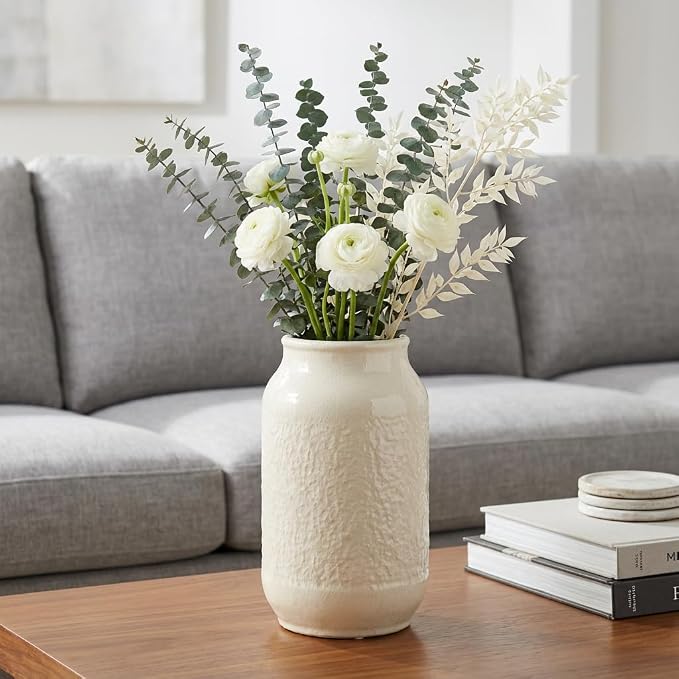 White Ceramic Vase for Flowers, 9 Inch Modern Decorative Vase for Home Decor, Centerpieces, Table, Living Room, Bathroom, Kitchen, Jarrones Decorativos para Sala