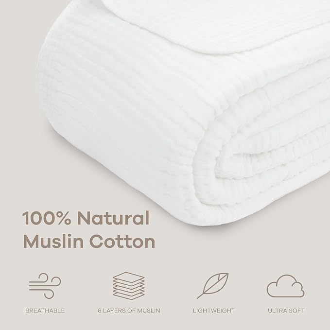 Comfy Cubs Adult Muslin Blanket 108x90” King Swaddle Blankets, White | 6 Layer Soft, Breathable & Lightweight Muslin Adult Blanket - Machine Washable & Designed in the US Bedding for All Seasons