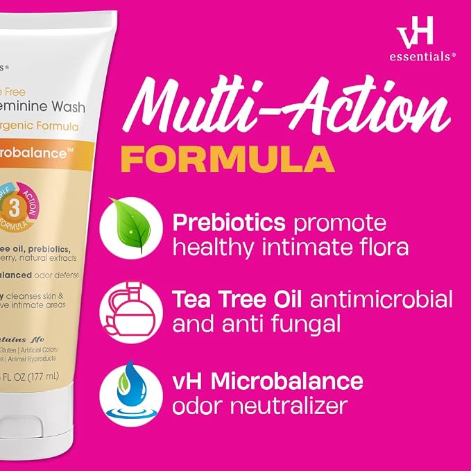 vH Essentials Daily Feminine Wash - 6 Fl Oz - Fragrance-Free,Odor Eliminating Body&Vaginal Wash with Tea Tree Oil,Prebiotics and Lactic Acid for pH Balance, Odor Defense and Vaginal Health (Pack of 2)