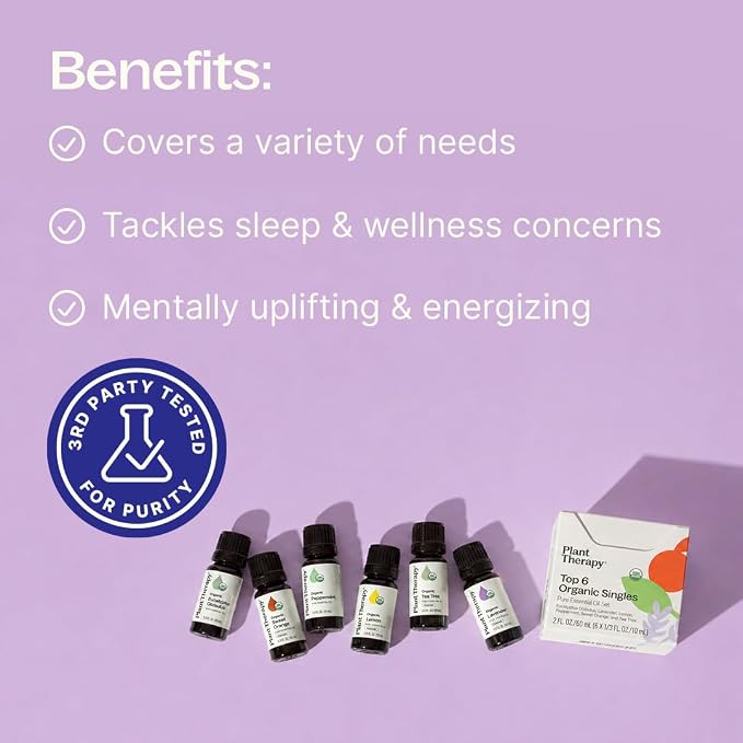 Plant Therapy Top 6 USDA Organic Essential Oil Set - Lavender, Peppermint, Eucalyptus, Lemon, Tea Tree 100% Pure, Natural Aromatherapy, for Diffusion & Topical Use, Therapeutic Grade 10 mL (1/3 oz)