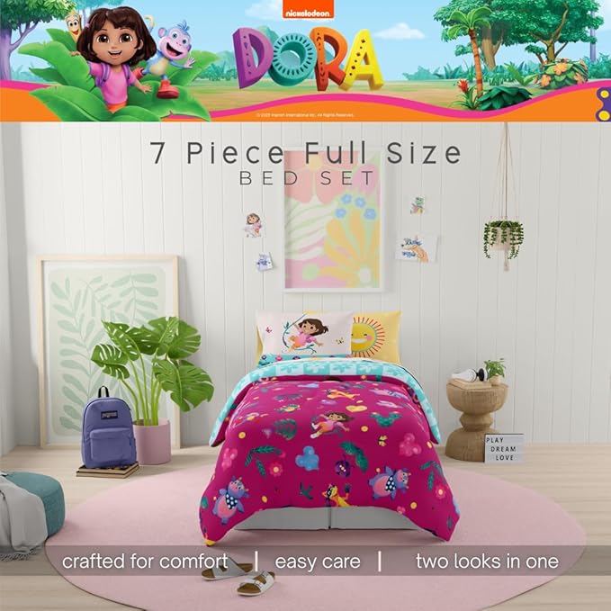 Dora The Explorer Kids Bedding Set Super Soft & Cozy Reversible Microfiber Comforter and Sheet Set with Sham, 7 Piece Full Size, (Officially Licensed Product) by Franco
