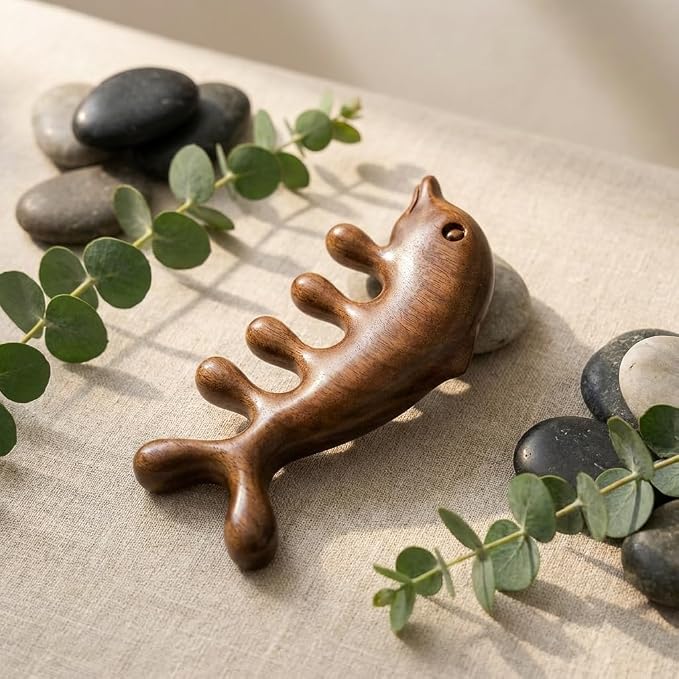 Wooden Gua Sha Scalp Massage Comb, Wide Tooth, Sandalwood | Traditional Design, Hair and Body Massager