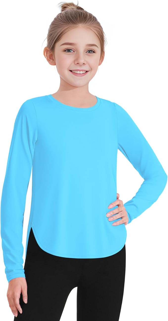 JOCMIC Girls Long Sleeve Shirts Kids Athletic Quick Dry UPF 50+ Sun Shirt Basic Tees for Gym Yoga Tops