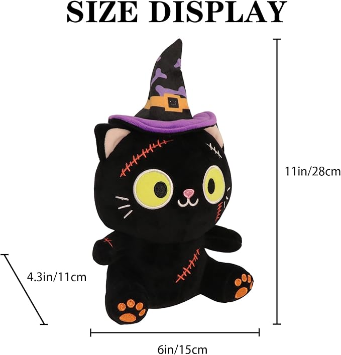 Halloween Plush Toy, Black Cat Stuffed Animal Plush Pillow, with Hat & Stitched Wound Halloween Plushies Toys for Adults and Kids, Birthday Party Favor Home Decor