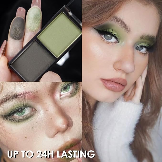 Green Black Two Color Matte Shimmer Glitter Eyeshadow,Bright Eye Shadow Powder,Professional Long-Lasting Waterproof Makeup Palette,Easy-To-Apply and Compact for Travel