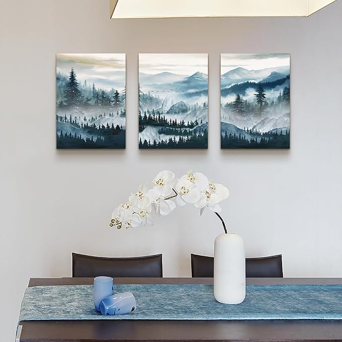 MHARTK66 Wall Art for Bedroom,Mountain Landscape Wall Decor,Large Foggy Forest Artwork for Walls, 3 Piece Nature Paintings Prints for Living Room Hallway Office Kitchen Home Decorations, 12x16 Inch