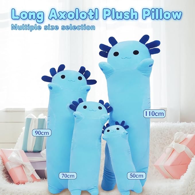 Axolotl Plush, 35.4” Long Axolotl Body Pillow for Kids, Cute Axolotl Stuffed Animals for Girls, Soft Plushies Toy Gifts for Birthday Blue