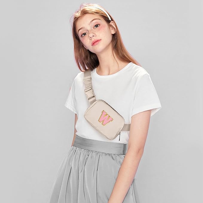 Gitus Belt Bag Fanny Pack Crossbody Bags with Initial Letter Patch Cute Stuff Birthday Gifts for Teenager Girls Trendy Preppy Stuff for Teen Girls(Beige-W)