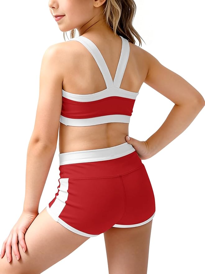 Haloumoning Girls 2 Piece Outfits Athletic Color Block Training Bra and High Waisted Shorts Clothing Sets 5-14Y