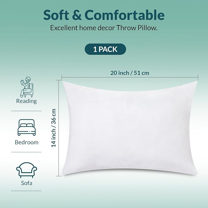 ROYALE LINENS 14 x 20 Pillow Insert - Down Alternative Throw Pillows Insert - Rectangle Pillow Pack of 1 White - Bed & Couch Pillows - Inner Cushion for Bed, Cushion for Living Room - Shams Stuffer