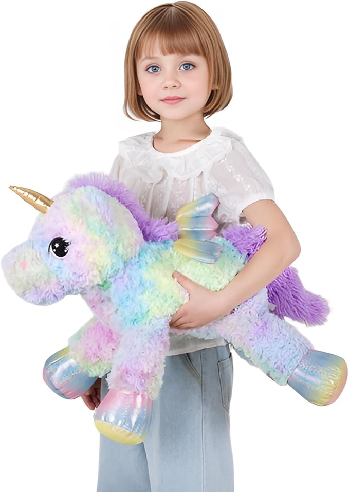 FFxiong 24 Inch Rose Rainbow Colors Unicorn Stuffed Animal Plush Toy with Wings Soft Cute Large Unicorn Plushies Animals Pillow Gift for Children Boy Girl Kids Valentine Birthday Decorations