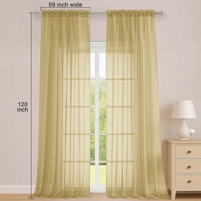 OWENIE Gold Sheer Curtains 120 Inches Long 2 Panels Set, Airy Lightweight Sheer Gold Curtains for Living Room Bedroom, Farmhouse Voile Filmy Rod Pocket Curtains Drapes, 2 Pcs, Each 59" Wx120 L Inch