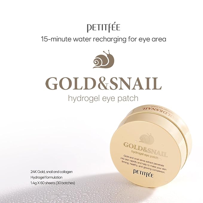 Petitfee Gold & Snail Hydrogel Eye Patch 60ea (30pairs) - 24k Gold Snail Eye Mask for Firming, Healthy Skin, Hydrating, Skin Elasticity, Snail Secretion Filtrate, Bamboo Extract, Green Tea Extract