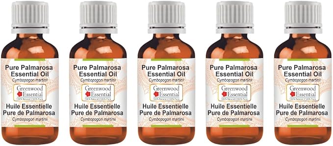 Greenwood Essential Pure Palmarosa Essential Oil (Cymbopogon martinii) Steam Distilled (Pack of Five) 100ml X 5(16.9 oz)