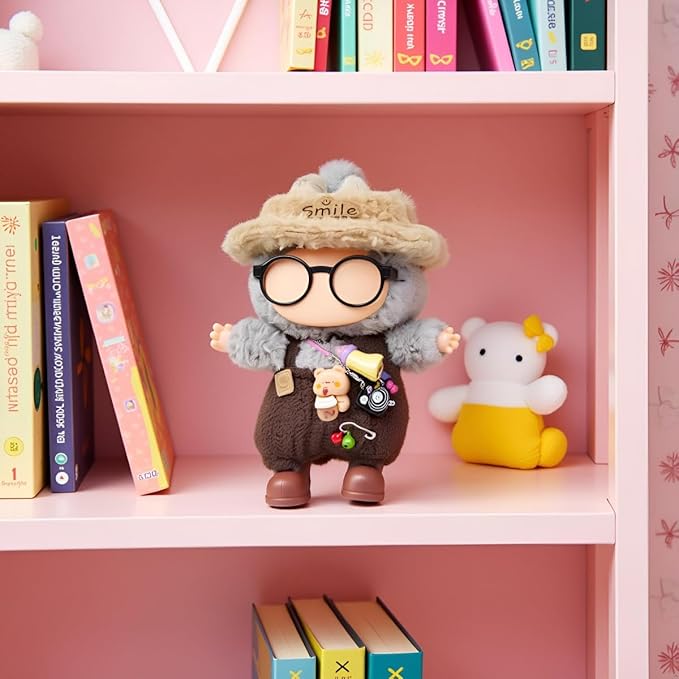Doll Clothes Outfit and Accessories Suitable for 17cm Dolls, 5 Piece Set Romper Hat Camera Backpack Glasses Shoes (No Doll) Brown
