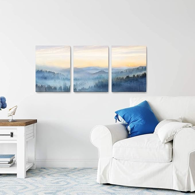 Wall Decor for Bedroom 3 Panel Sunrise Misty Forest Print Picture Paintings Wall Art for Living Room Bathroom Framed Canvas Artwork Modern Room Wall Decorations Size 12x16 x 3 Piece Ready to Hang