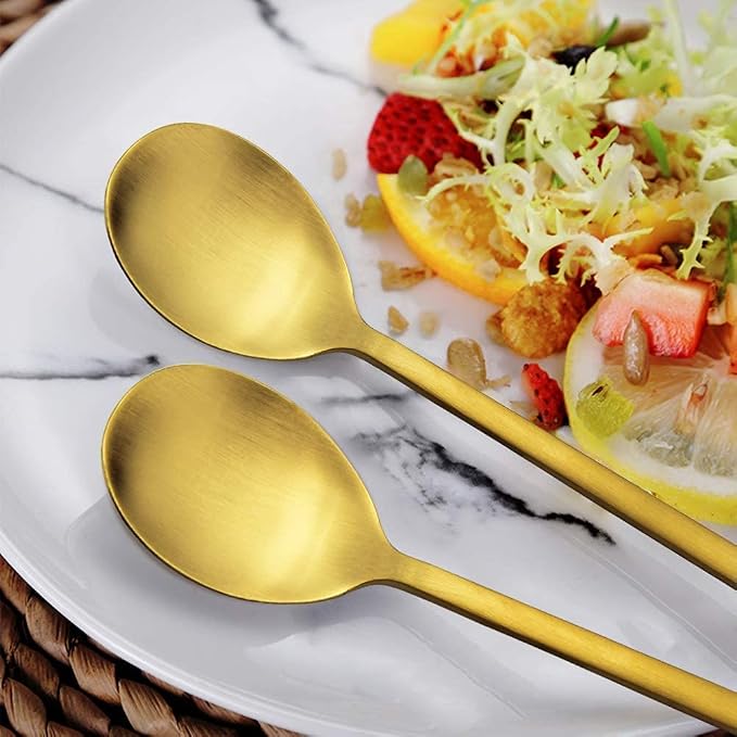 IQCWOOD Korean Spoons, 8 Pieces Stainless Steel Gold Soup Spoons, 8.5 Inch | Tablespoon with Long Handle, Asian Dinner Spoon Set, Round Spoon for Home, Kitchen or Restaurant Dishwasher Safe