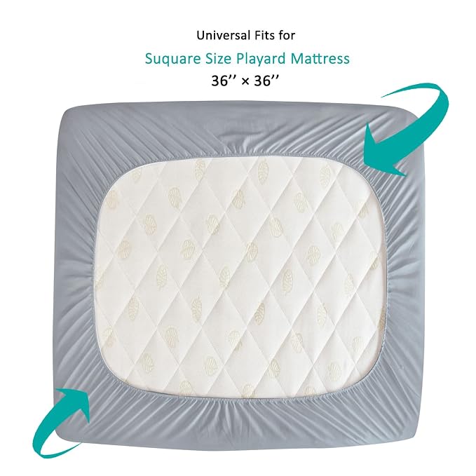 Playard Mattress Cover -for Square Play Yard, Perfect for New Room2 / TotBloc Portable Playard, Waterproof, Ultra Soft, Fitted Playpen Mattress Cover, Grey
