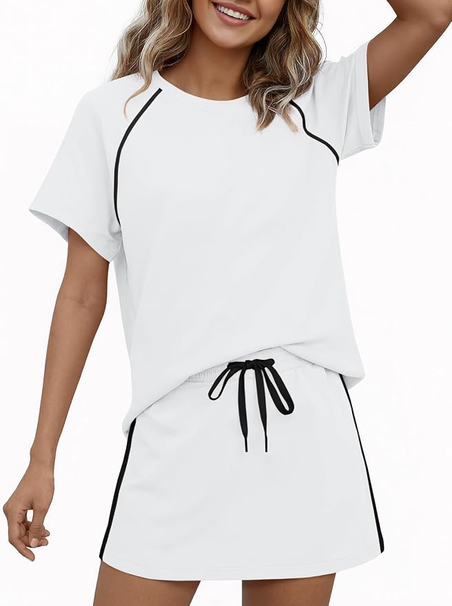 Womens 2 Piece Skirt Sets Summer Tennis Outfits Vacation Skort Set | Two Piece Sets, Short Set, Athletic Workout Golf Outfits, Crew Neck, Color Block, Drawstring, Workout Mathcing Lounge Sets