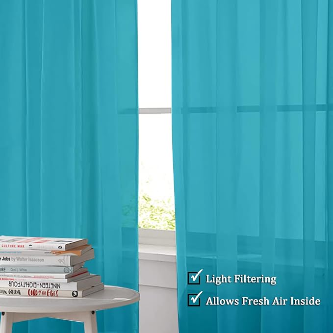 OWENIE Sheer Curtain 90 Inches Long 2 Panels Set for Living Room Bedroom, Light Filtering Rod Pocket Clear Sheer Curtain 2Pcs, Each 42" W x 90" L, Turquoise