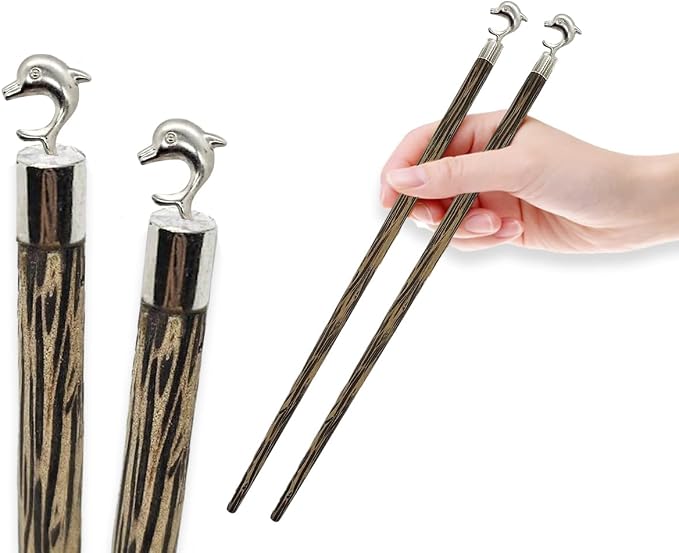 Wooden Chopsticks 9⅞" Coconut Palm Wood Chopstick With Metal Dolphin Top Eating Utensils Oriental Cutlery Asian Tableware Decorative Dinnerware to Serve Chinese Japanese Korean Food