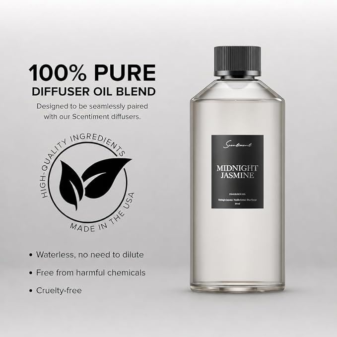 Scentiment Midnight Jasmine Diffuser Oil - Premium Hotel Scent with Notes of Jasmine, Vanilla Crème & Pear Nectar Home Scent, Hotel Fragrance Oil Diffuser Refill - 16.91 fl oz (500 mL)
