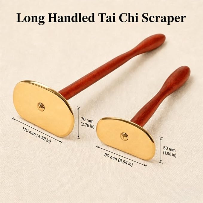 Brass Gua Sha Board with Long Handle, Self-Scraping Massage Tool for Home Use, Full Body Back Gua Sha Scraper with Rosewood Handle (Short Handle)